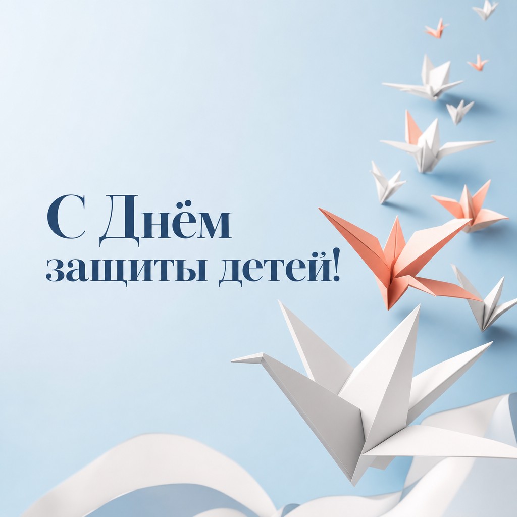 Лёгкая открытка на День защиты детей с бумажными журавликами и чистой современной композицией.