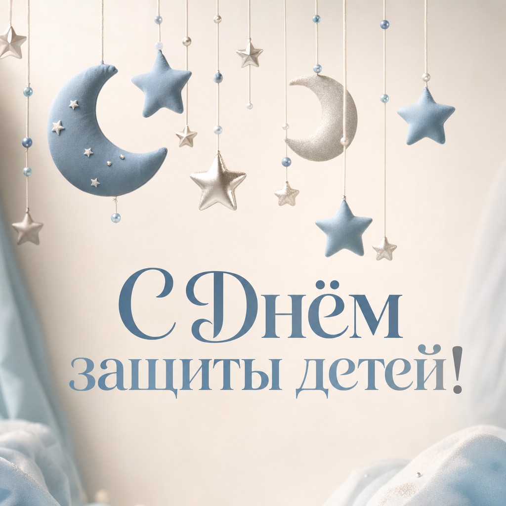 Спокойная открытка на День защиты детей с детским мобилем, звёздами и мягкой палитрой.