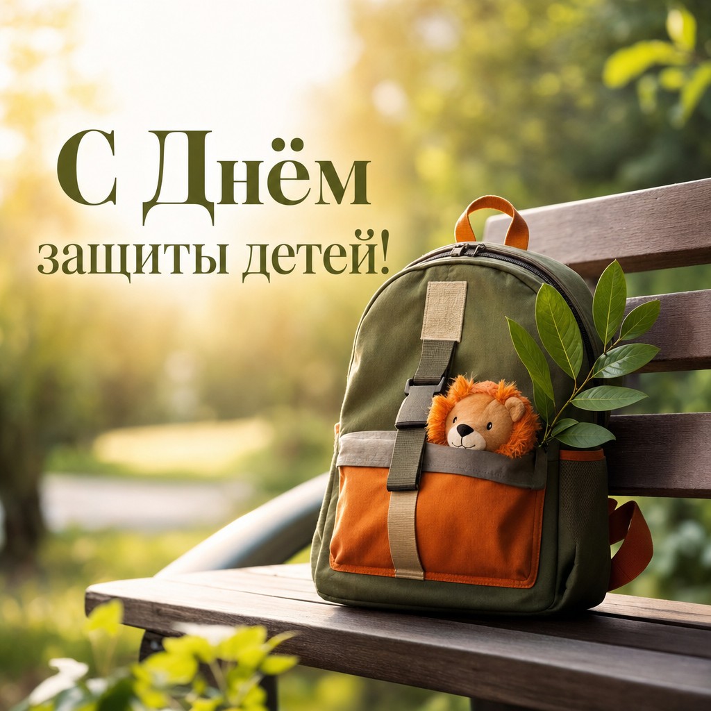 Стильная открытка на День защиты детей с детским рюкзаком на парковой скамейке.
