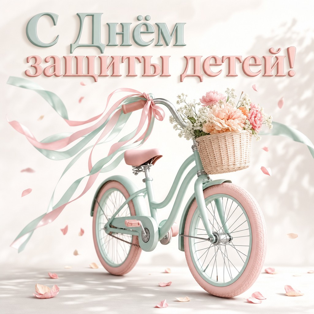 Лёгкая открытка на День защиты детей с детским велосипедом и пастельными лентами.