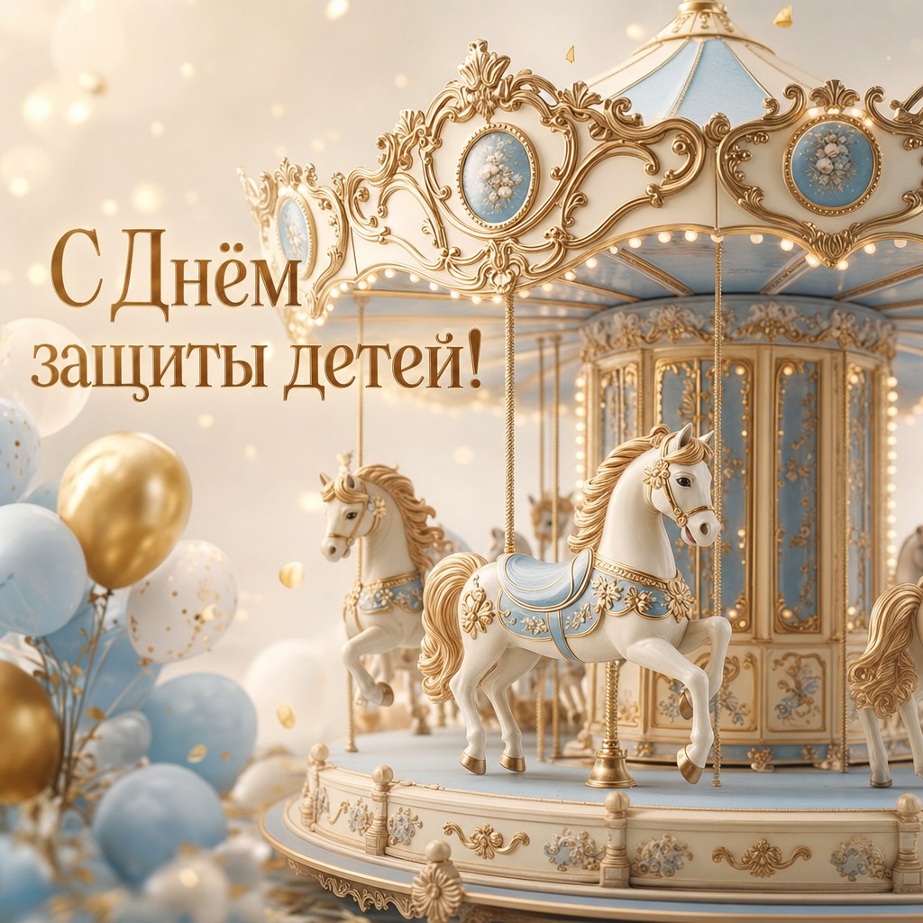 Премиальная открытка на День защиты детей с нежной детской каруселью и праздничным настроением.