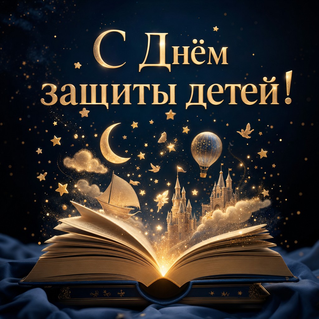 Волшебная открытка на День защиты детей с раскрытой детской книгой и мягким сиянием.
