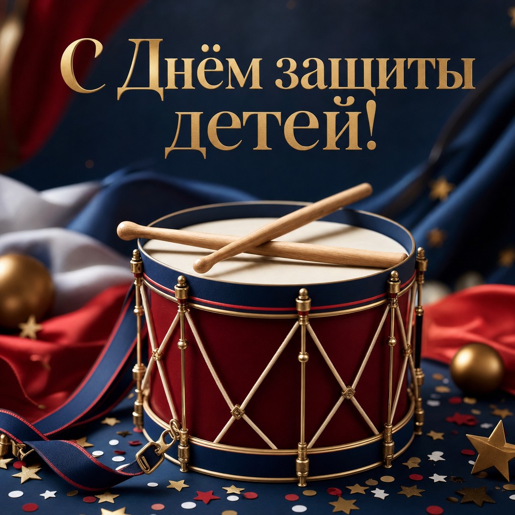 Праздничная открытка на День защиты детей с игрушечным барабаном и премиальными деталями.
