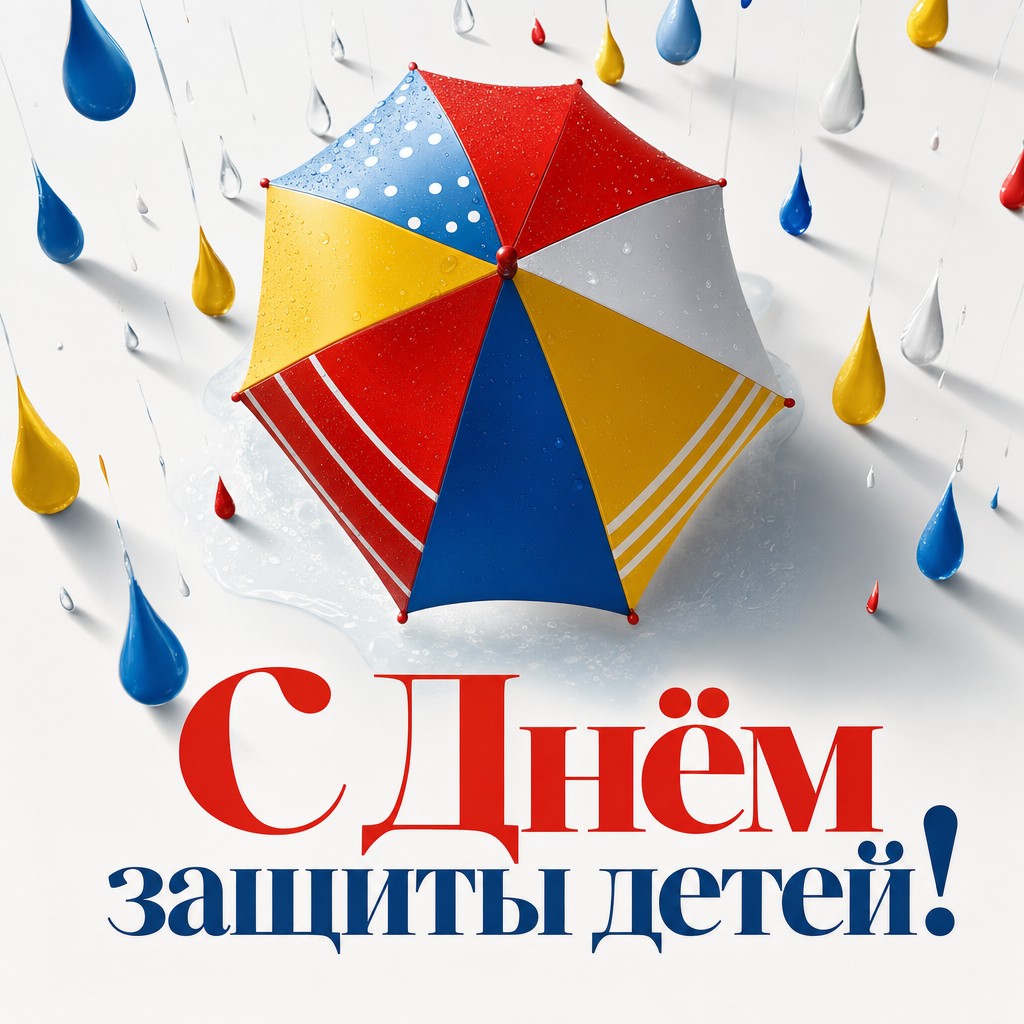 Современная открытка на День защиты детей с разноцветным зонтиком как символом заботы и защиты.