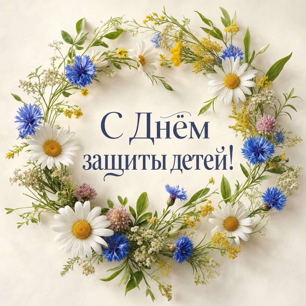 Элегантная открытка на День защиты детей с венком из полевых цветов и свежей летней палитрой.