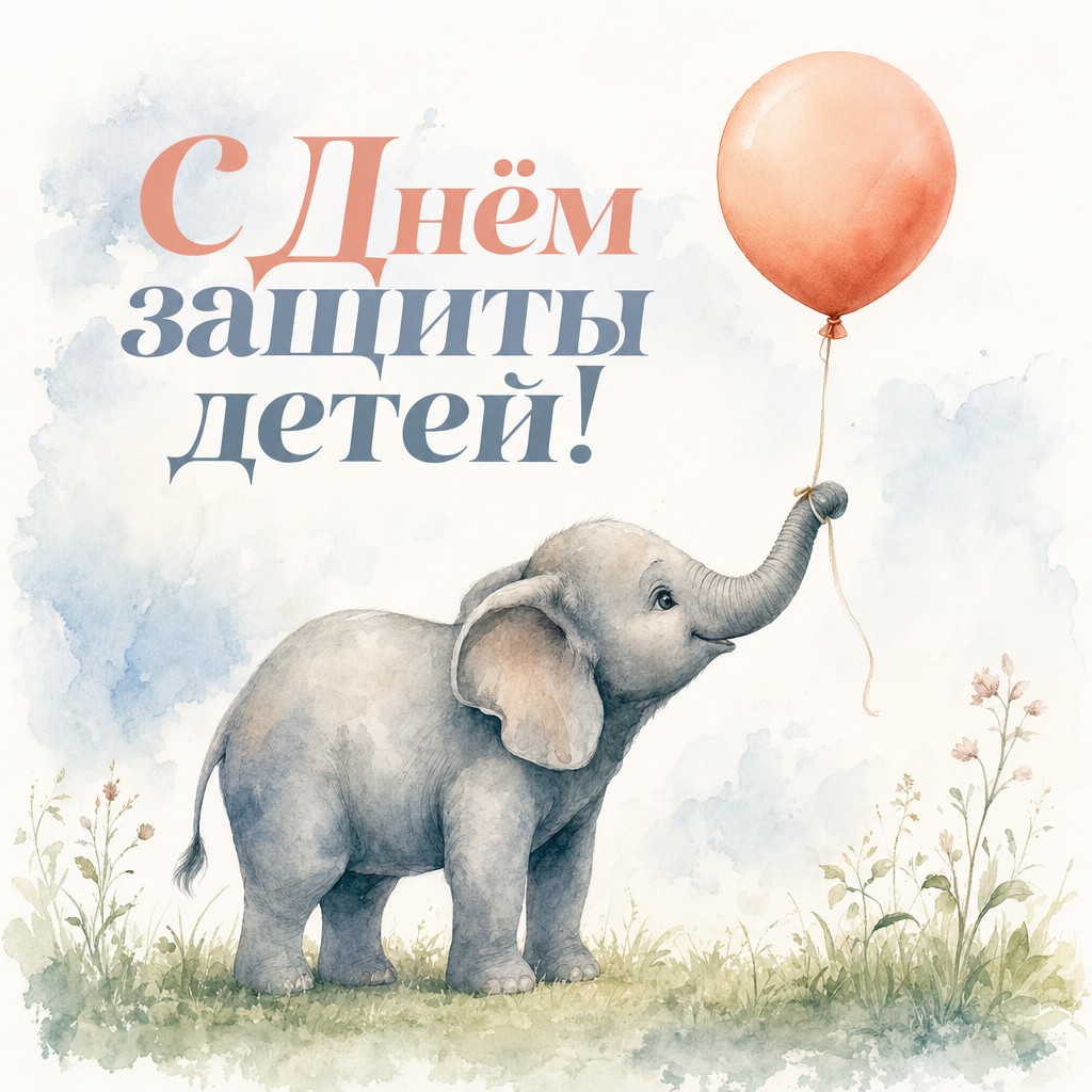 Милая открытка на День защиты детей со слонёнком, шариком и нежной акварельной палитрой.