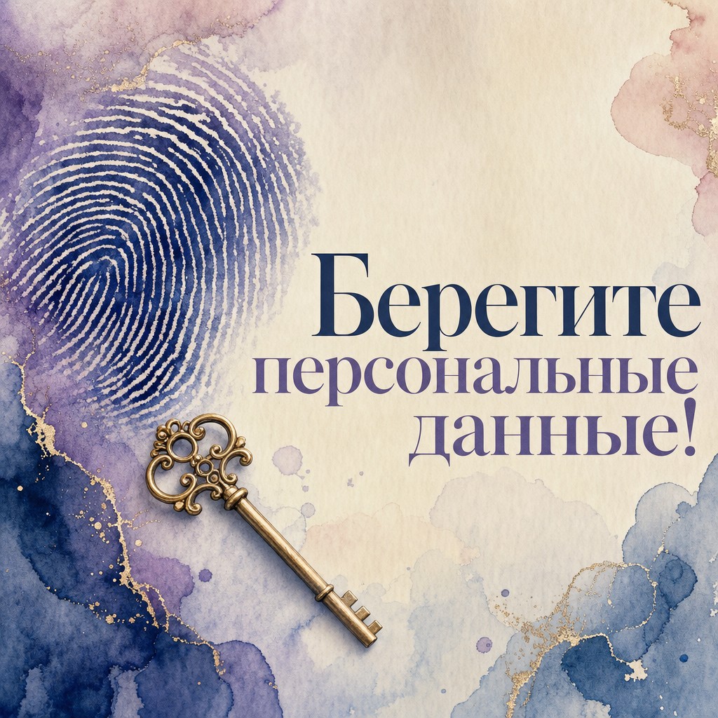Нежная акварельная открытка ко Дню защиты персональных данных с отпечатком пальца и ключом.