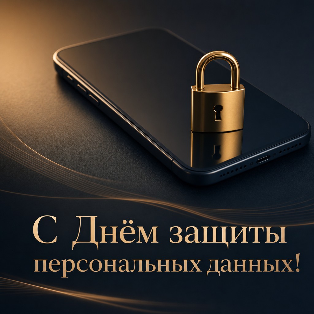 Стильная открытка ко Дню защиты персональных данных: золотой замок на смартфоне в премиальной тёмной палитре.