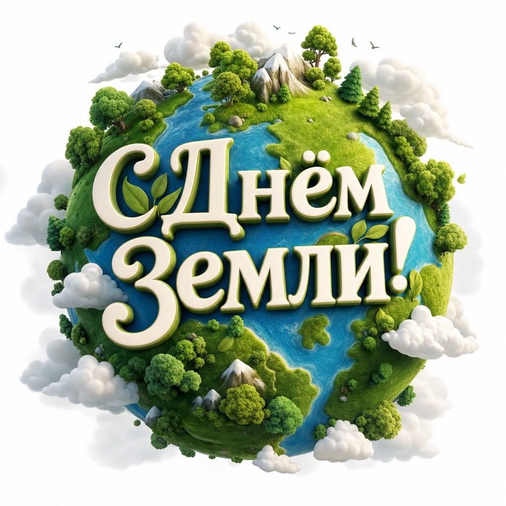 Яркая 3D-открытка на День Земли с маленькой зелёной планетой, деревьями и облаками.