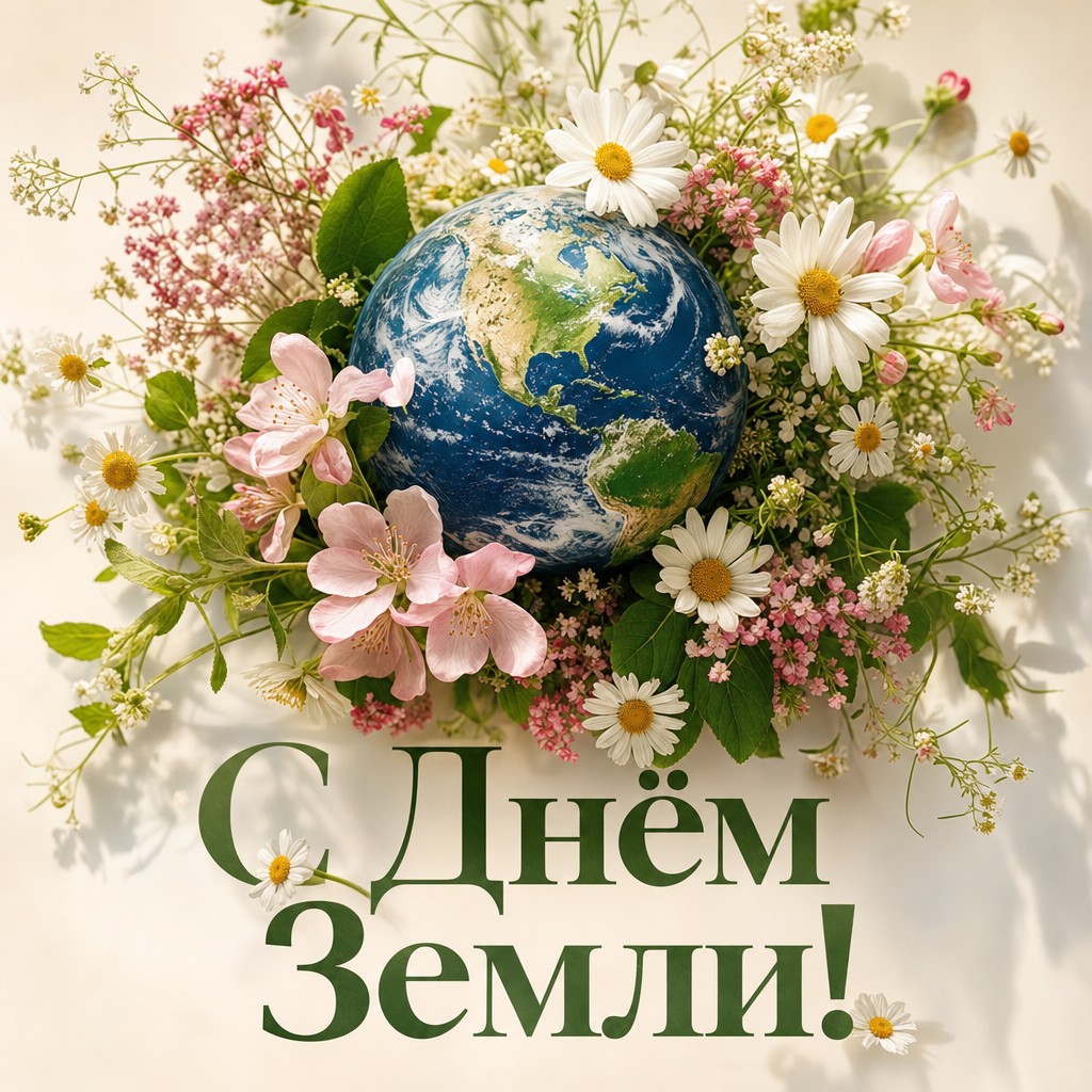 Нежная открытка на День Земли с планетой, окружённой реалистичными цветами и листьями.