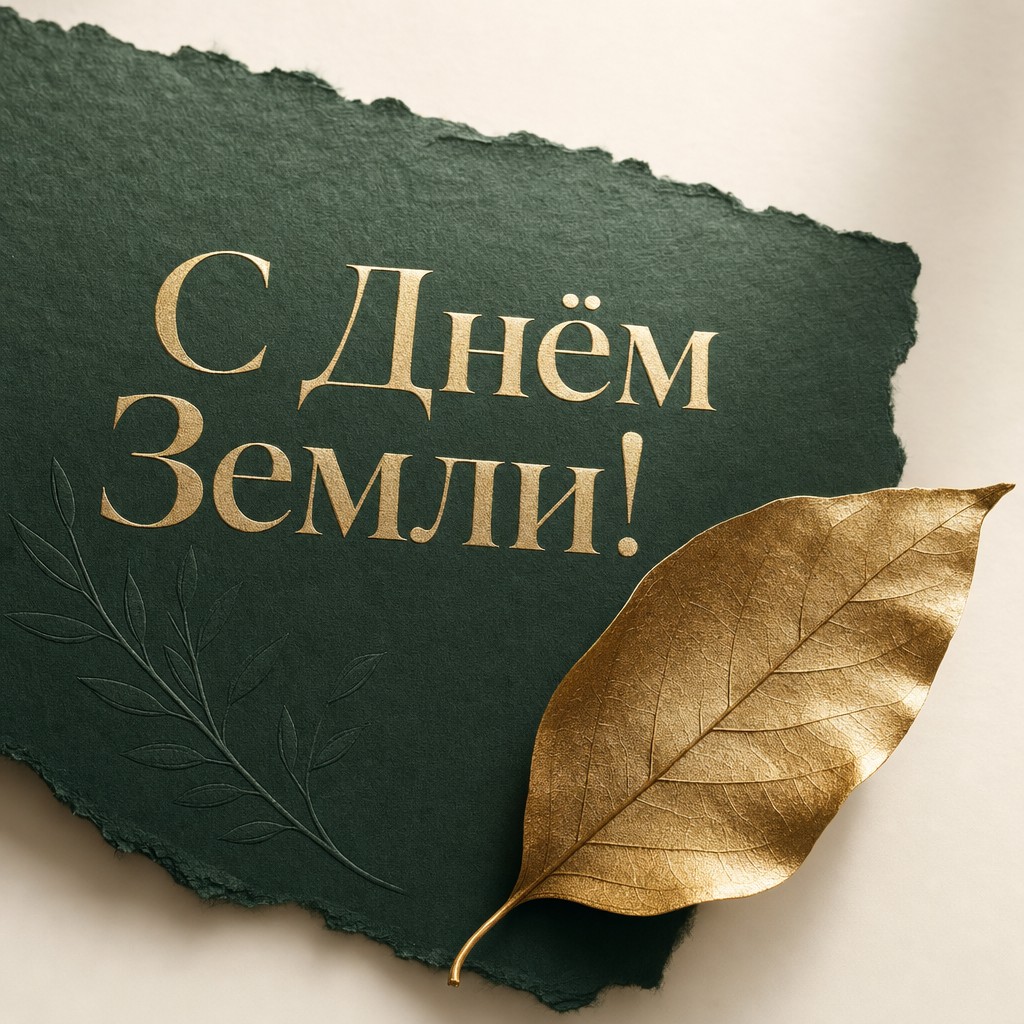 Стильная премиальная открытка на День Земли с золотым листом и зелёной бумажной фактурой.