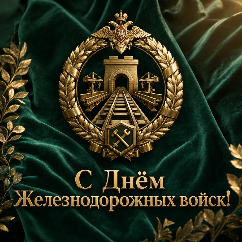 Премиальная открытка на День Железнодорожных войск с золотой эмблемой на бархатном фоне.
