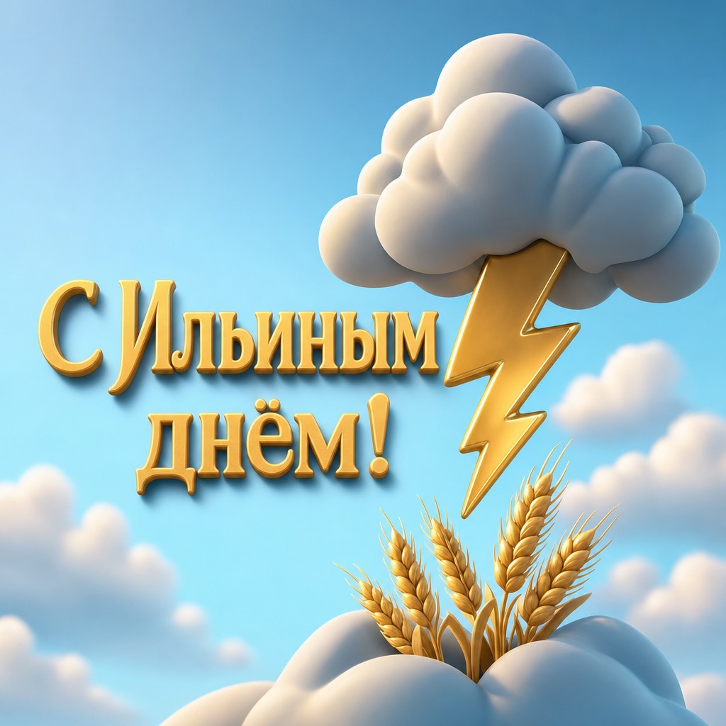 Современная 3D-открытка на Ильин день с грозовой тучей, молнией и колосьями.