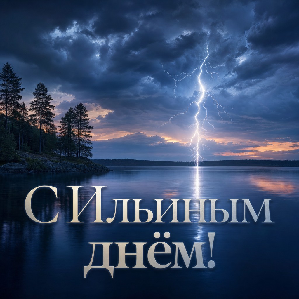 Драматичная открытка на Ильин день с молнией над спокойным озером и кинематографичным светом.