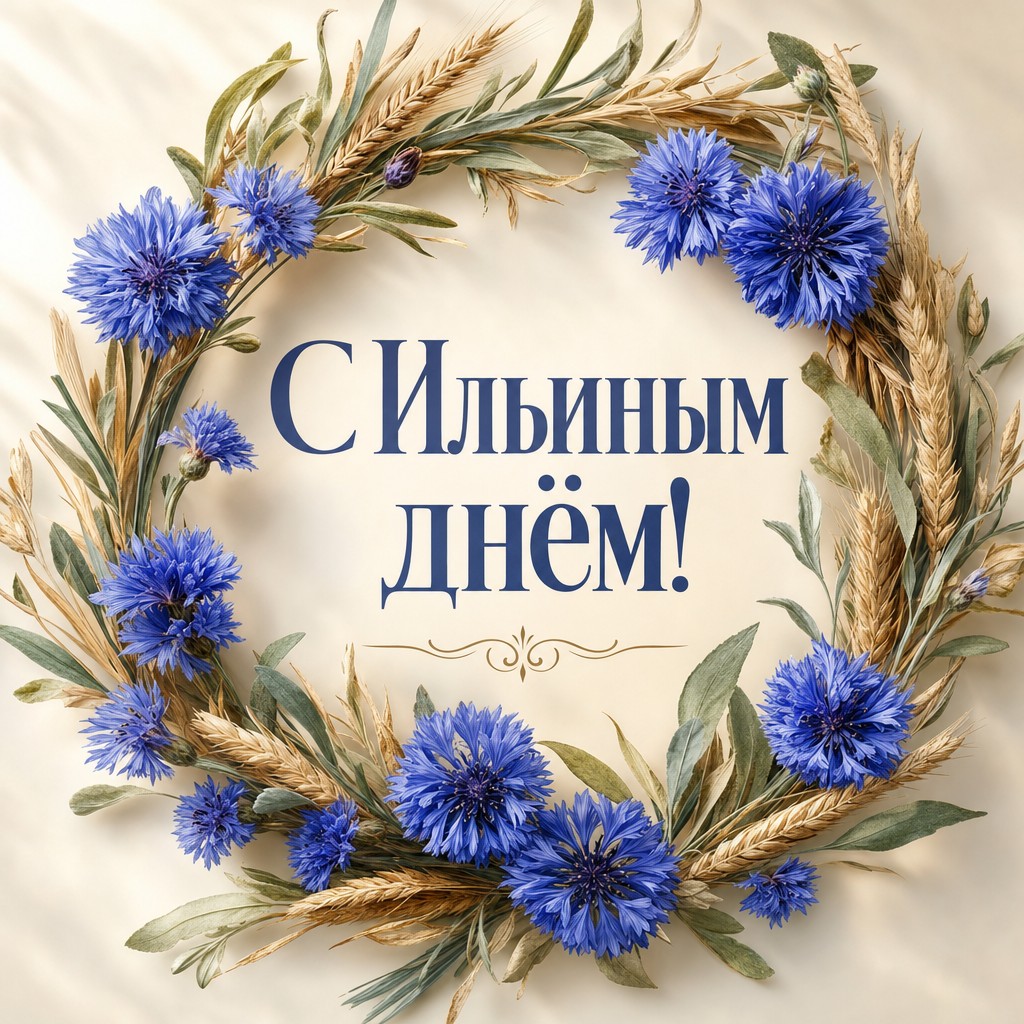 Красивая открытка на Ильин день с элегантным венком из васильков и ржи.