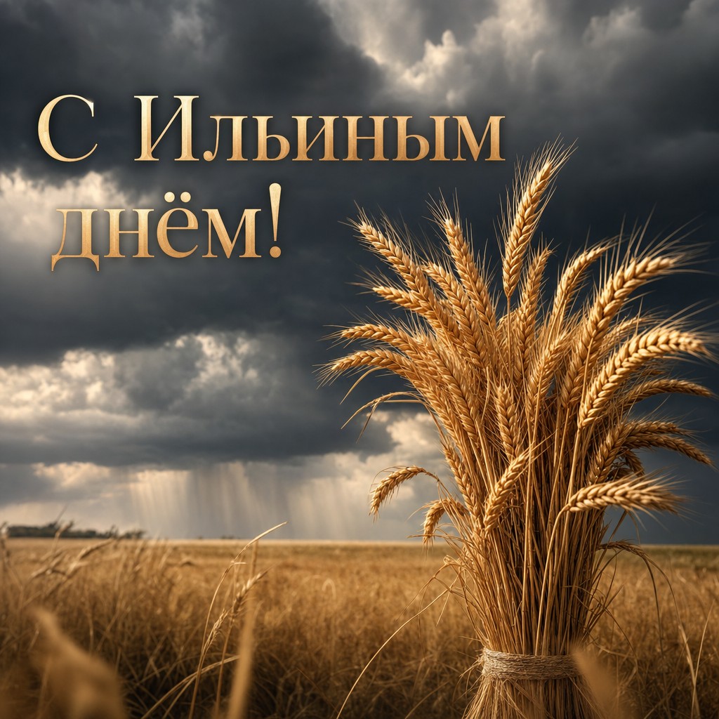Премиальная открытка на Ильин день с золотым снопом ржи и грозовым небом.