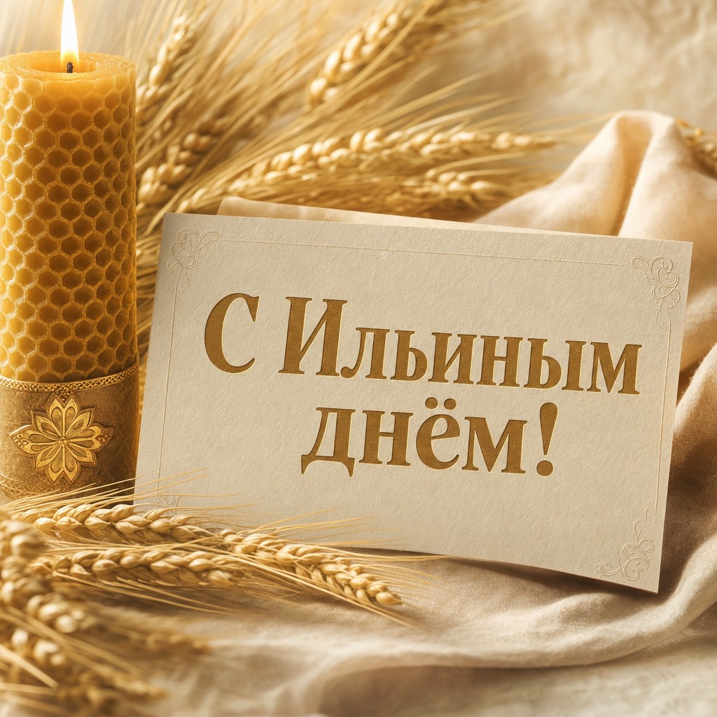 Элегантная открытка на Ильин день со свечой, колосьями и тёплой золотистой палитрой.