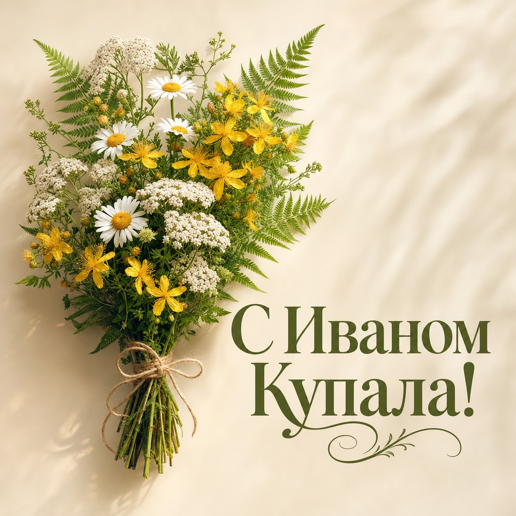 Элегантная открытка на Иван Купала с букетом целебных трав, ромашек и зверобоя.