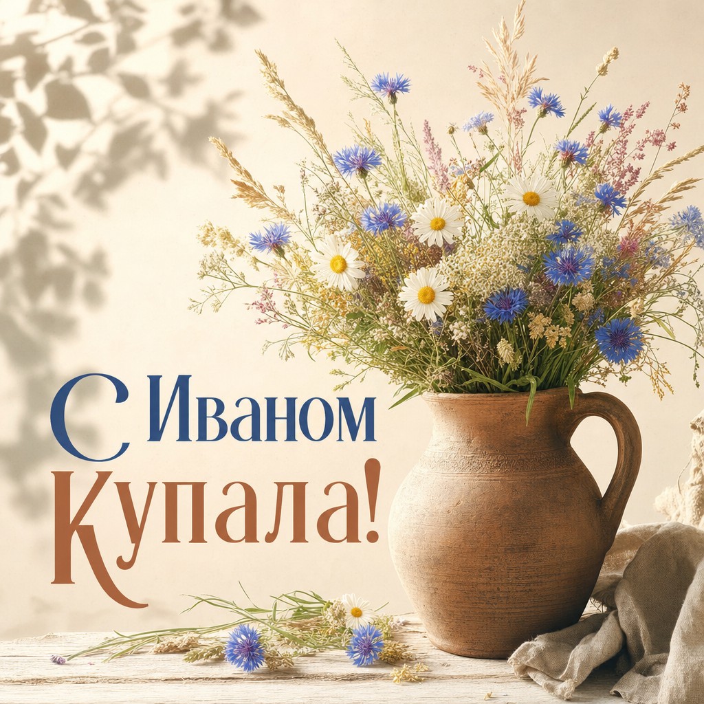 Нежная открытка на Иван Купала с глиняным кувшином, полевыми цветами и травами.