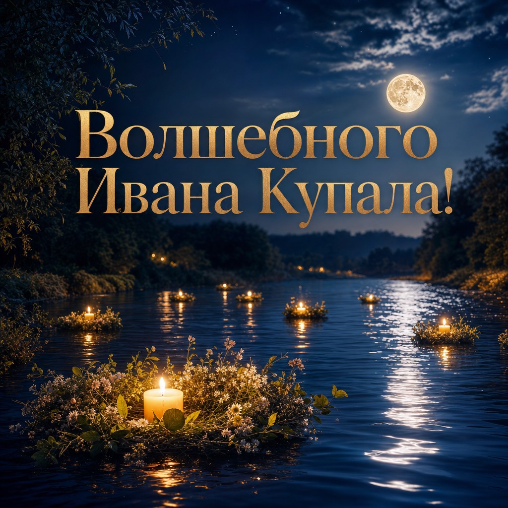 Премиальная открытка на Иван Купала с лунной рекой, отражением луны и огоньками на воде.