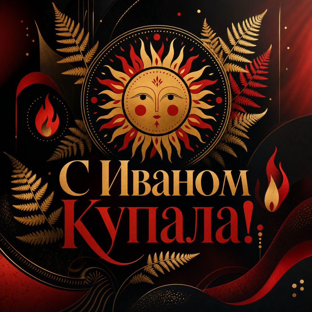 Современная открытка на Иван Купала с орнаментом солнца, папоротника и праздничных символов.
