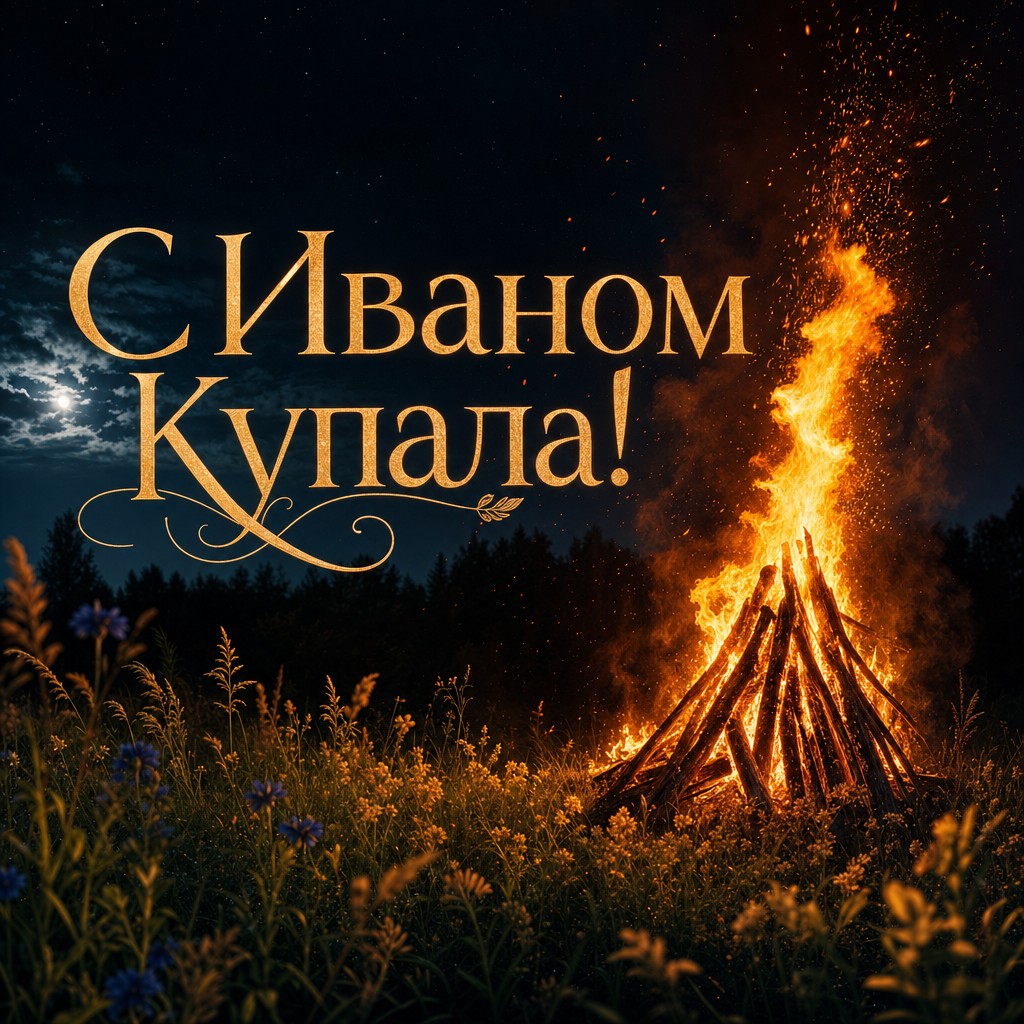 Атмосферная открытка на Иван Купала с ярким праздничным костром и золотыми искрами.