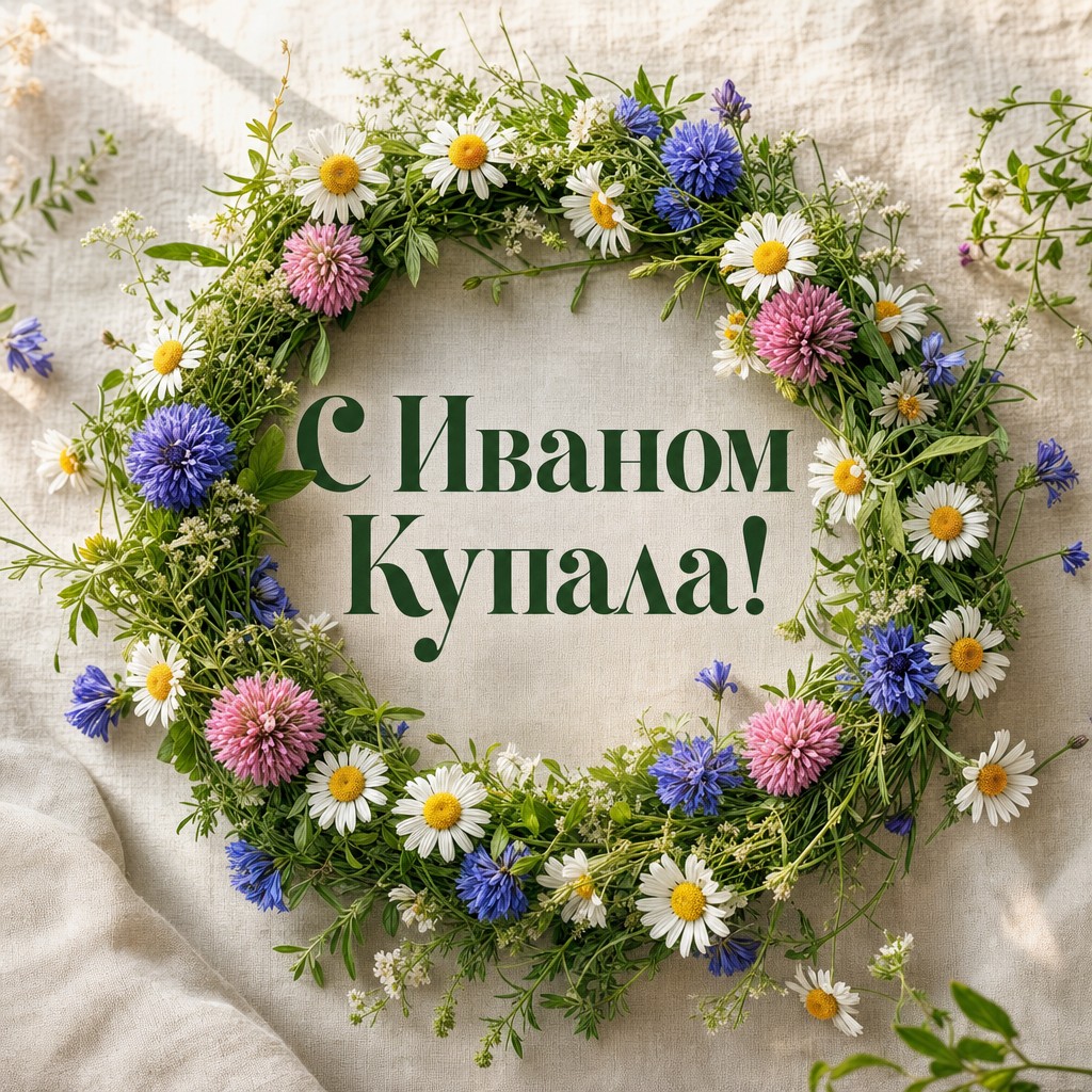 Светлая открытка на Иван Купала с венком из ромашек, васильков и летних трав.