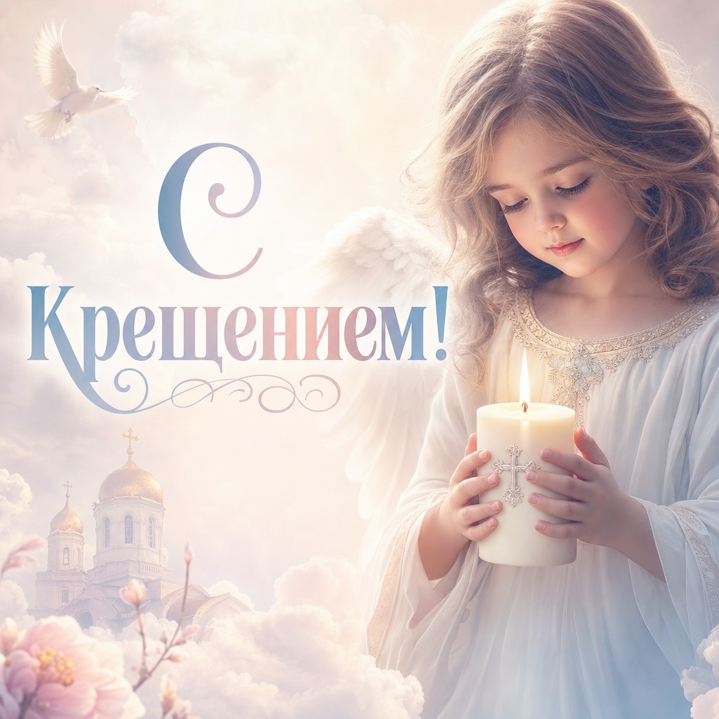 Пастельная открытка на Крещение Господне с ангелом, свечой и мягким светлым настроением.