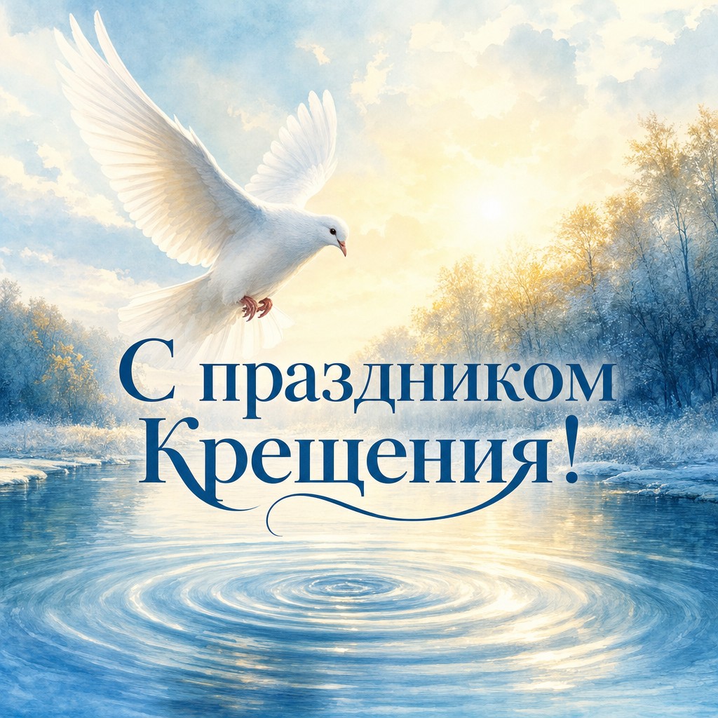 Нежная акварельная открытка на Крещение Господне с белым голубем, водой и светлым праздничным настроением.