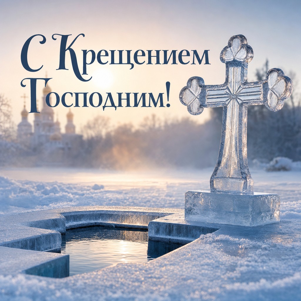 Премиальная зимняя открытка на Крещение Господне с ледяным крестом, прорубью и нежным рассветным светом.