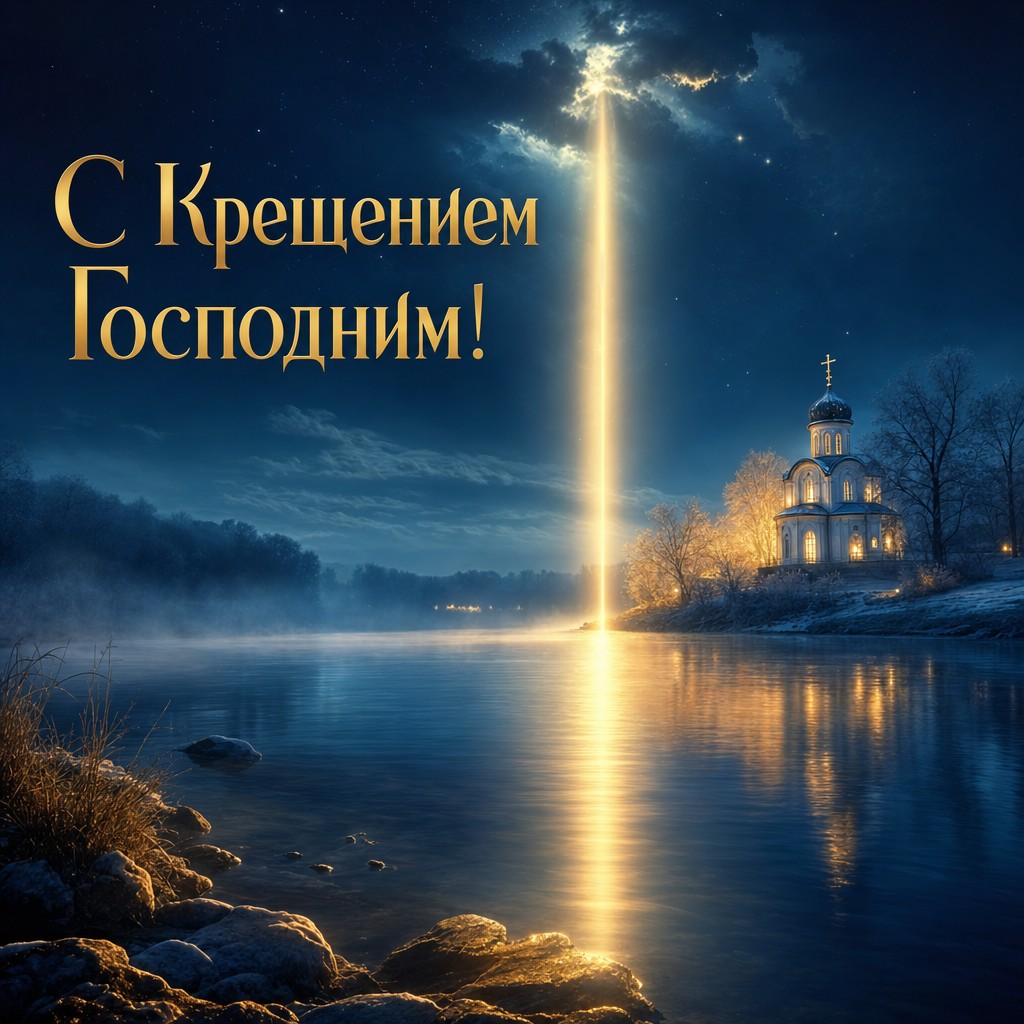 Светлая цифровая открытка на Крещение Господне с рекой, золотым лучом и торжественным спокойным настроением.