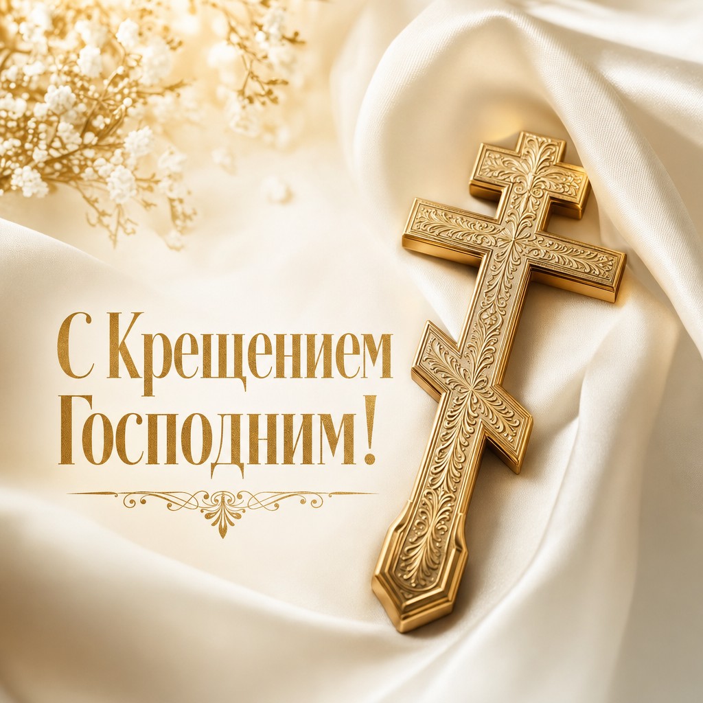 Элегантная открытка на Крещение Господне с золотым православным крестом на шелке в премиальном стиле.