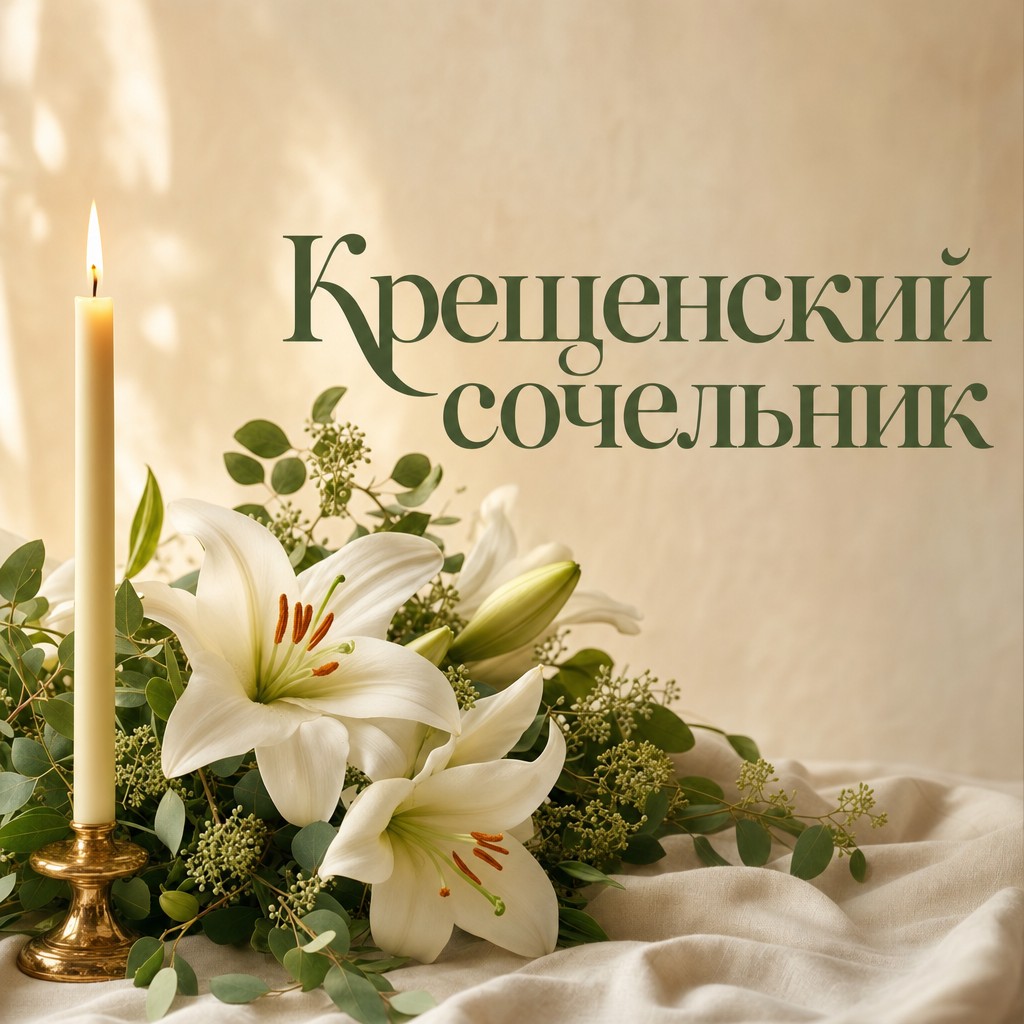 Нежная открытка на Крещенский сочельник с белыми лилиями, свечой и золотистым светом.
