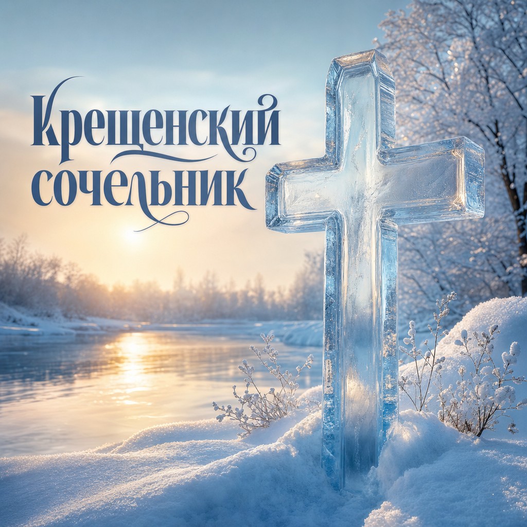 Зимняя открытка на Крещенский сочельник с прозрачным ледяным крестом, снегом и тихой рекой.