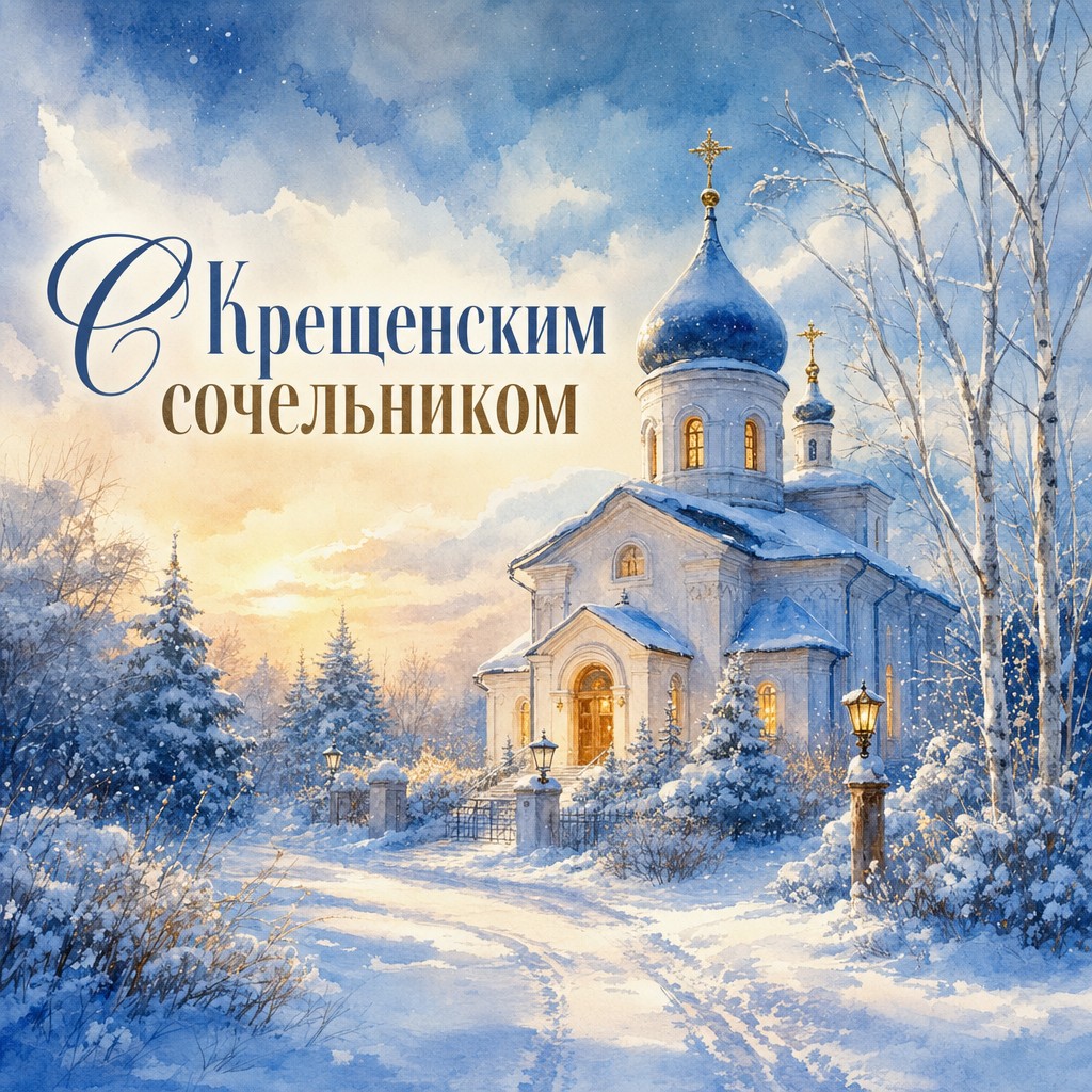 Акварельная открытка на Крещенский сочельник с заснеженным храмом и тихим зимним вечером.