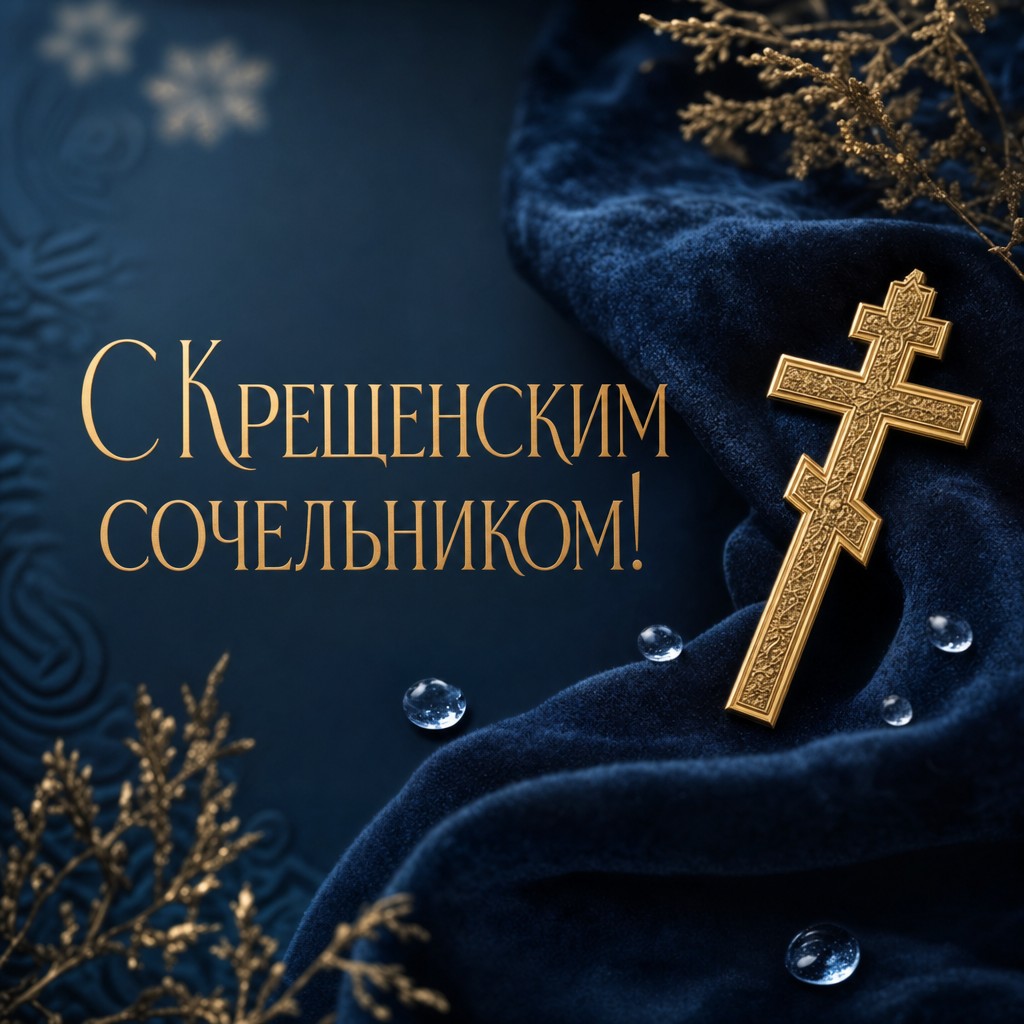 Стильная открытка на Крещенский сочельник с золотым крестом, каплями воды и премиальной синей палитрой.
