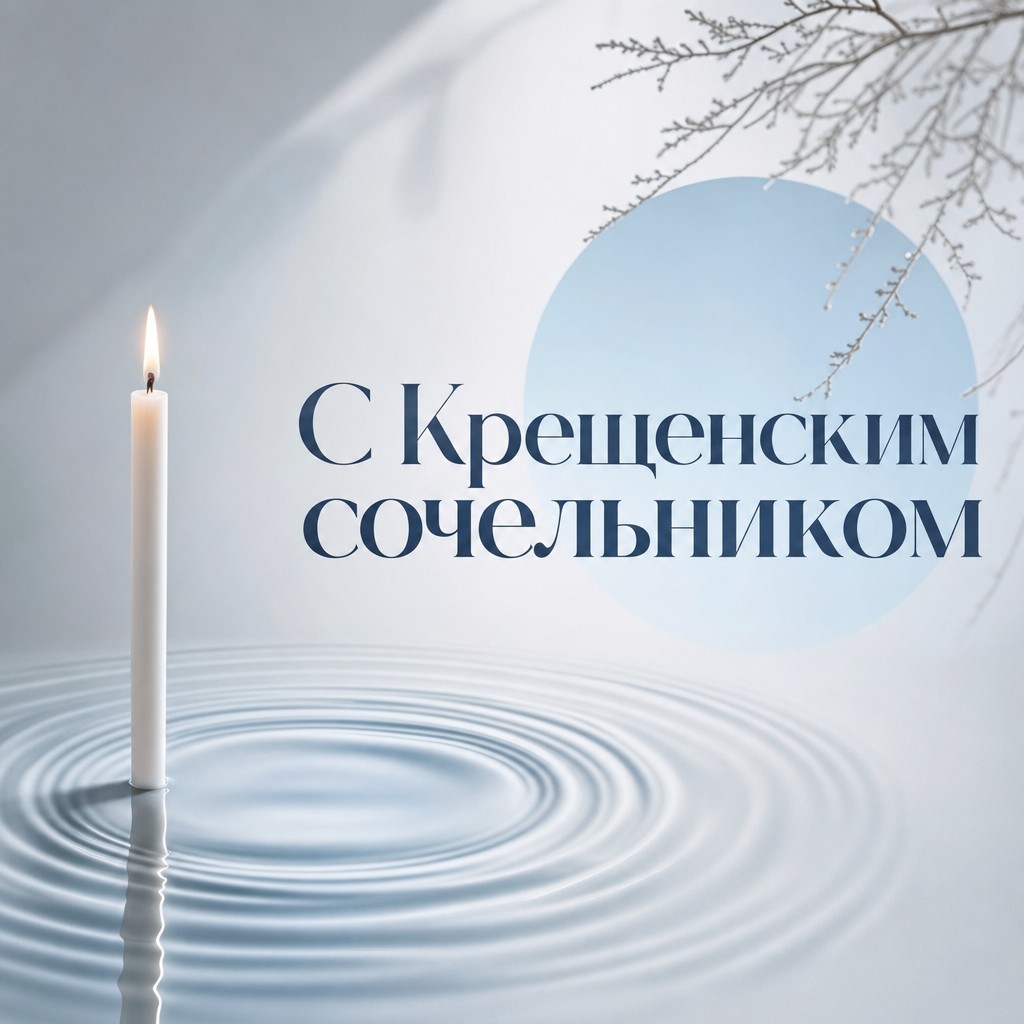 Современная открытка на Крещенский сочельник со свечой, водной рябью и чистой минимальной композицией.