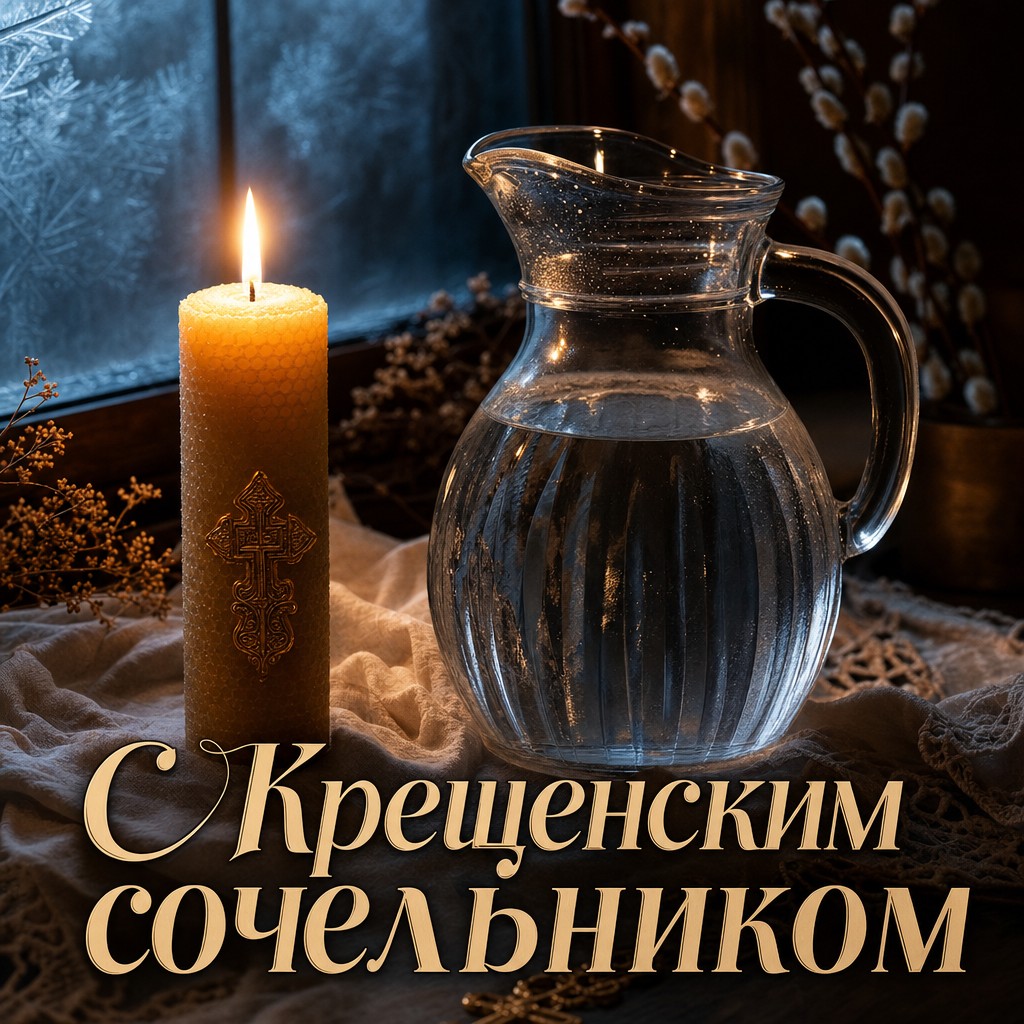Премиальная открытка на Крещенский сочельник со свечой, кувшином воды и мягким зимним светом.