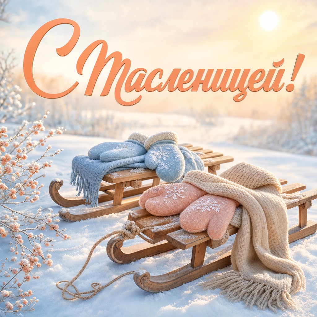Нежная пастельная открытка на Масленицу с санками, снегом и весенним солнцем.