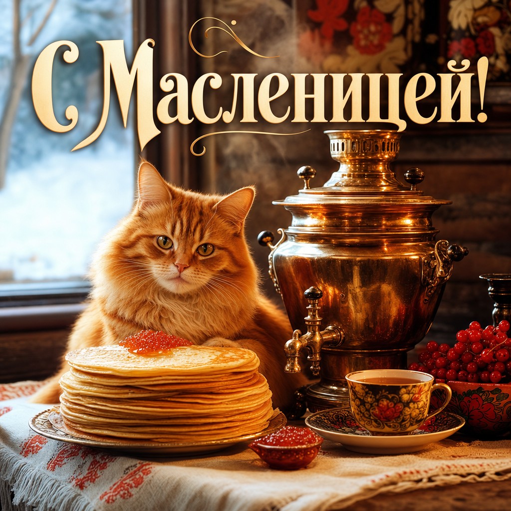Уютная открытка на Масленицу с рыжим котом, медным самоваром и тарелкой блинов.