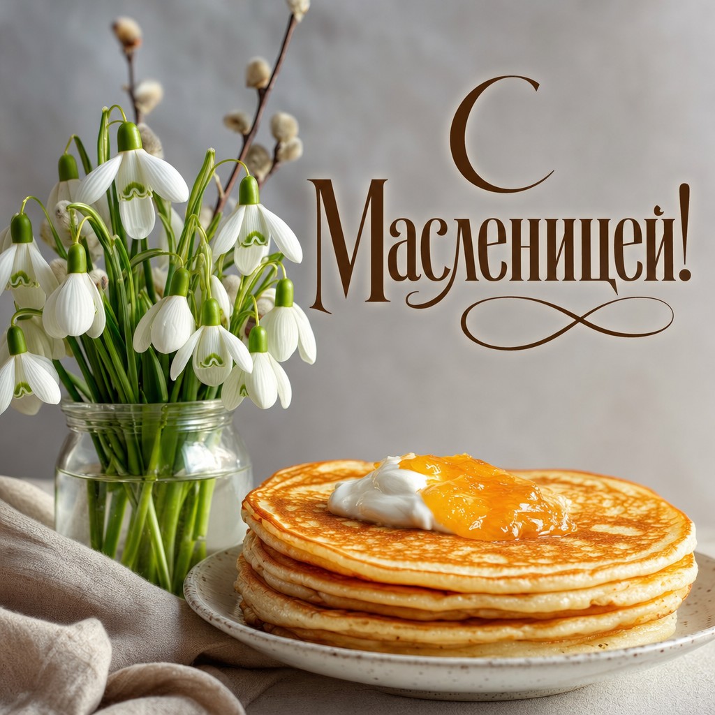 Весенняя открытка на Масленицу с реалистичными подснежниками и золотистыми блинами.