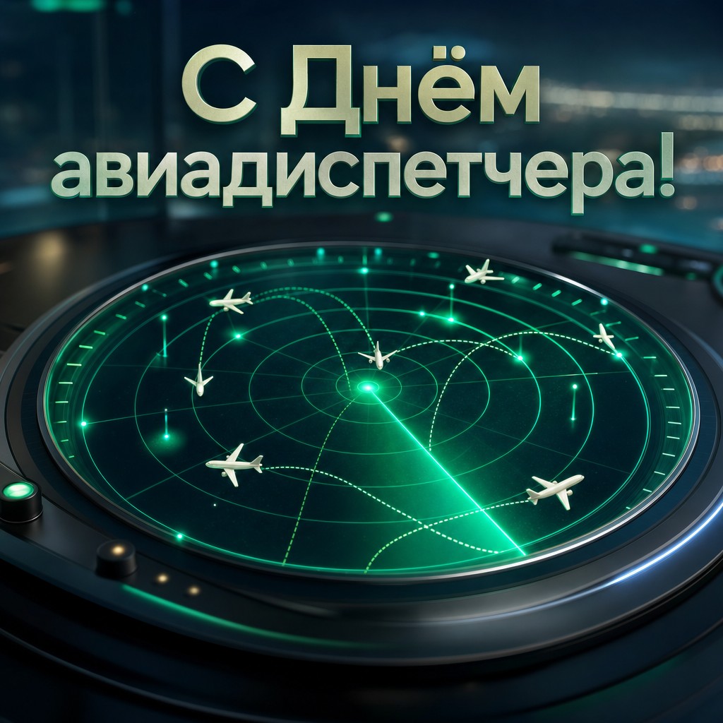 Современная 3D-открытка ко Дню авиадиспетчера с радаром, маршрутами полётов и авиационной графикой.