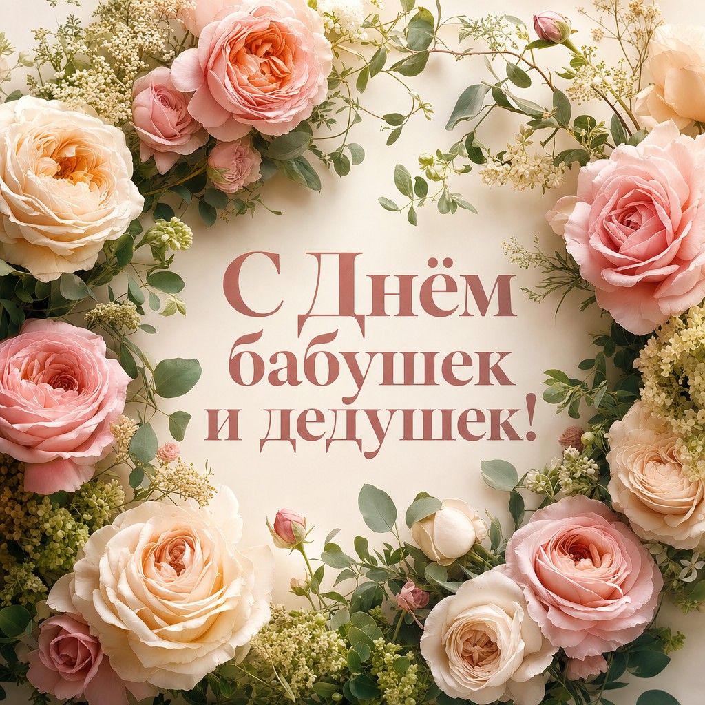 Цветочная открытка ко Дню бабушек и дедушек с изящной аркой из нежных садовых роз.