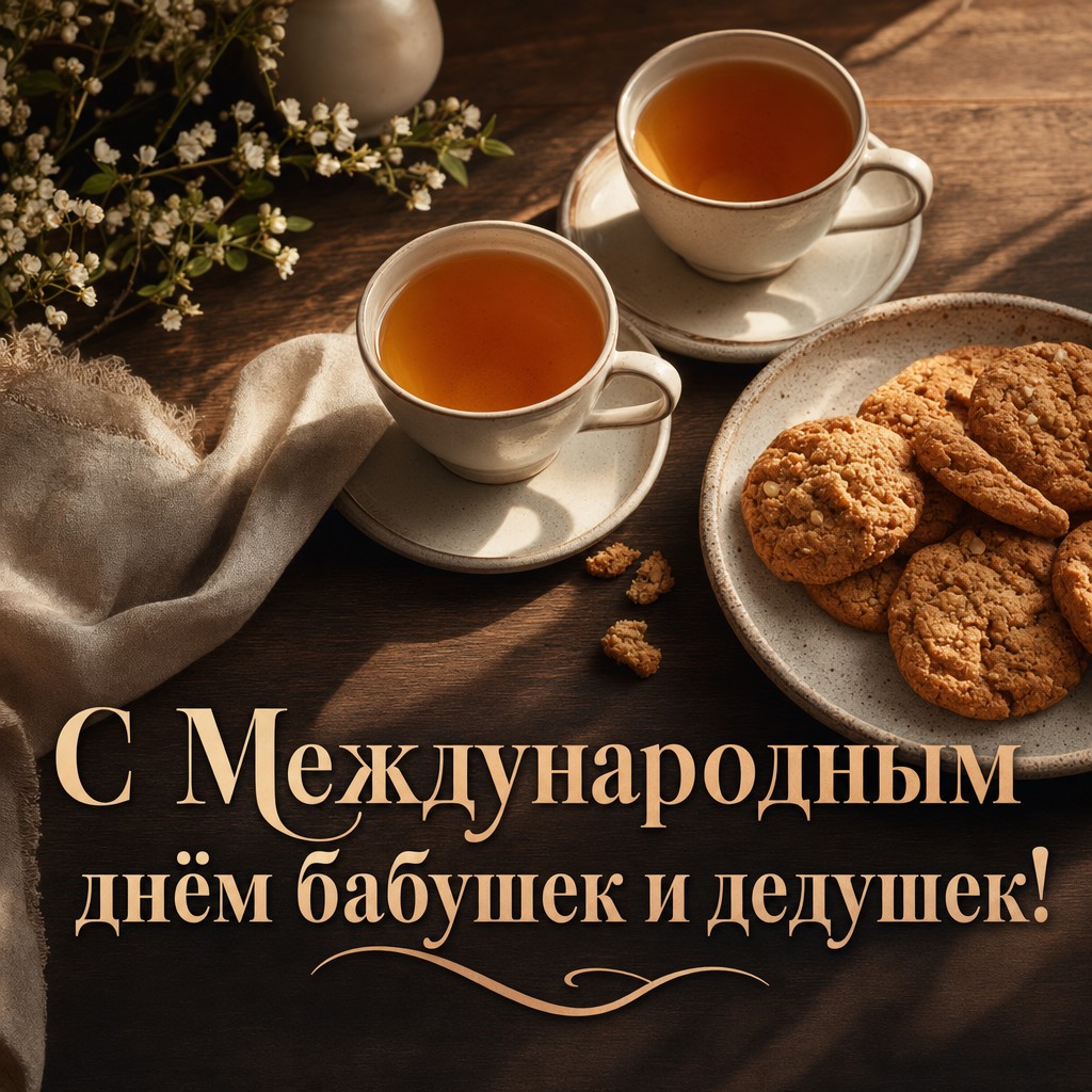 Уютная открытка ко Дню бабушек и дедушек с двумя чашками чая, печеньем и тёплым светом.
