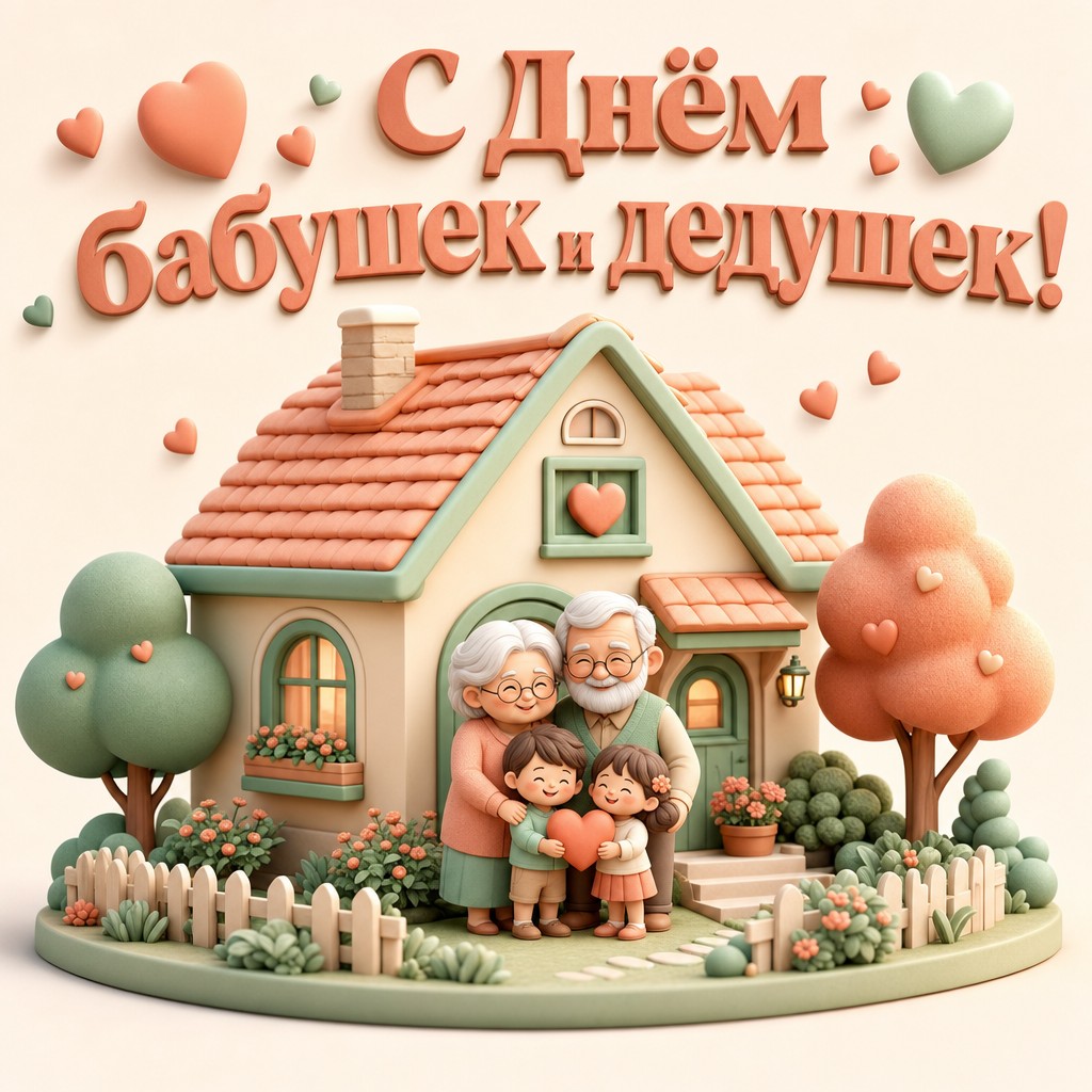 Милая 3D-открытка ко Дню бабушек и дедушек с уютным семейным домиком и сердцами.
