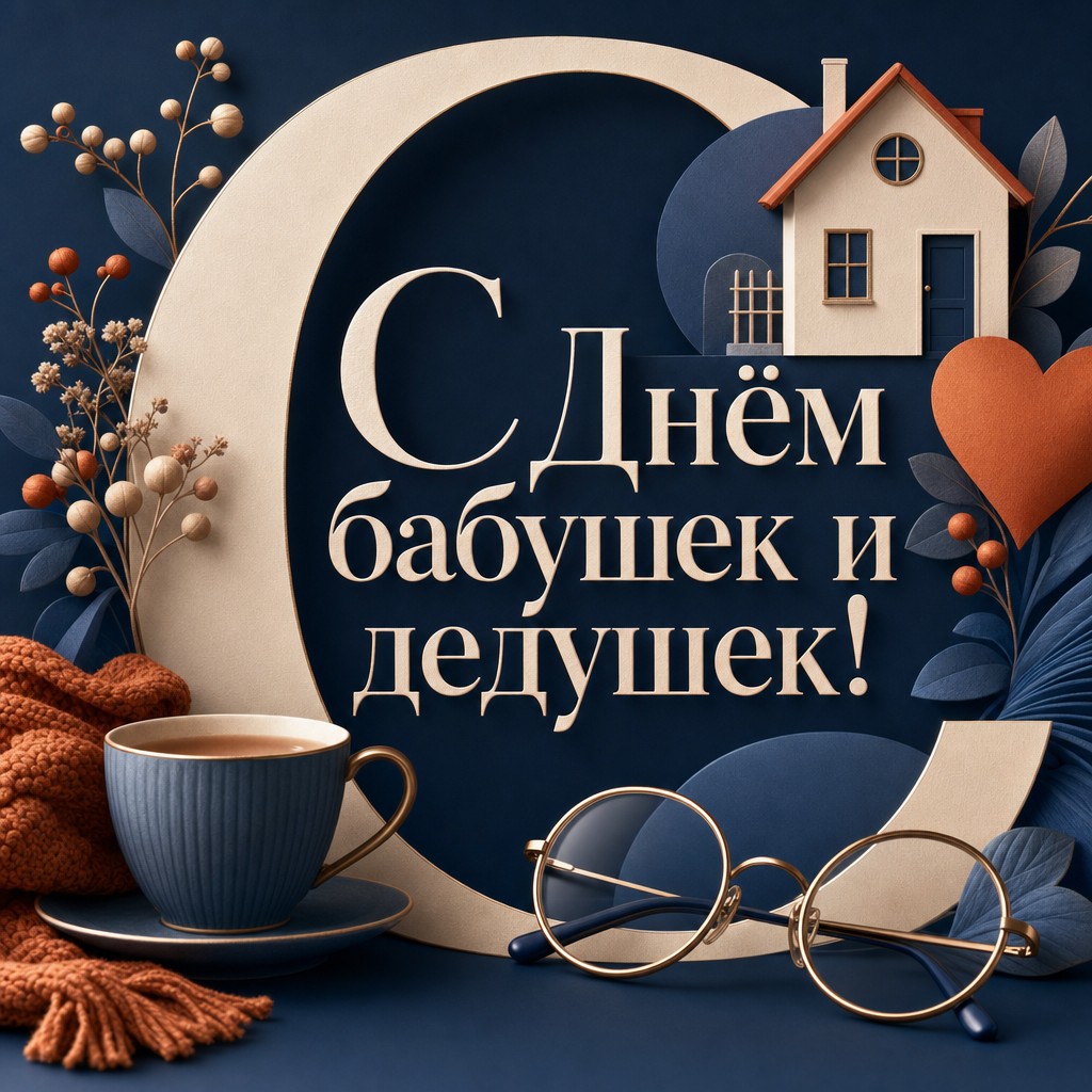 Стильная современная открытка ко Дню бабушек и дедушек с крупной типографикой и семейными деталями.
