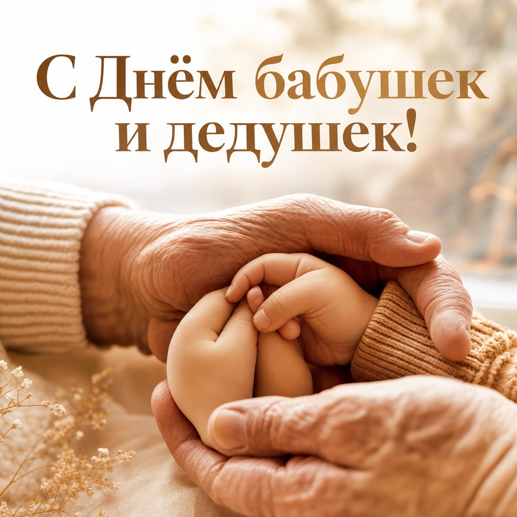Нежная открытка ко Дню бабушек и дедушек с тёплыми семейными руками и мягким светом.