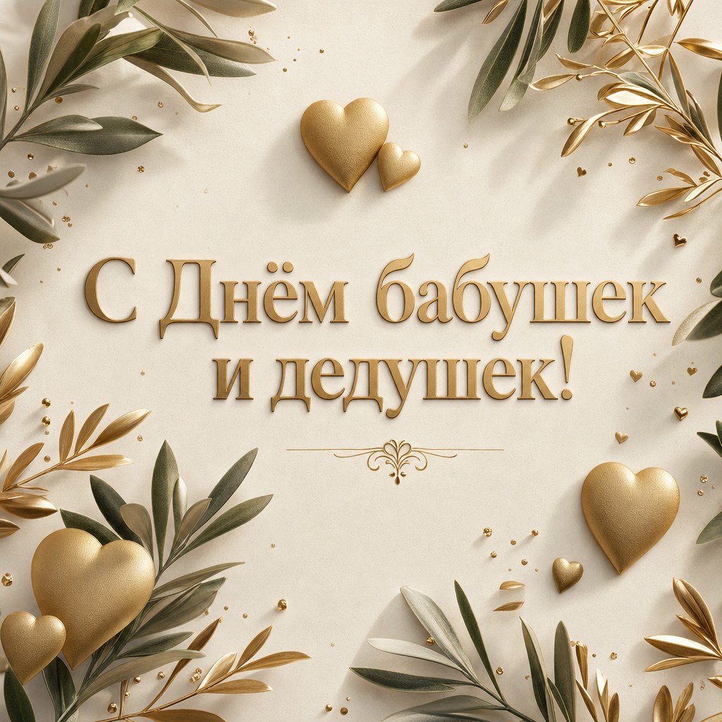 Премиальная открытка ко Дню бабушек и дедушек с золотыми сердечками и элегантными веточками.