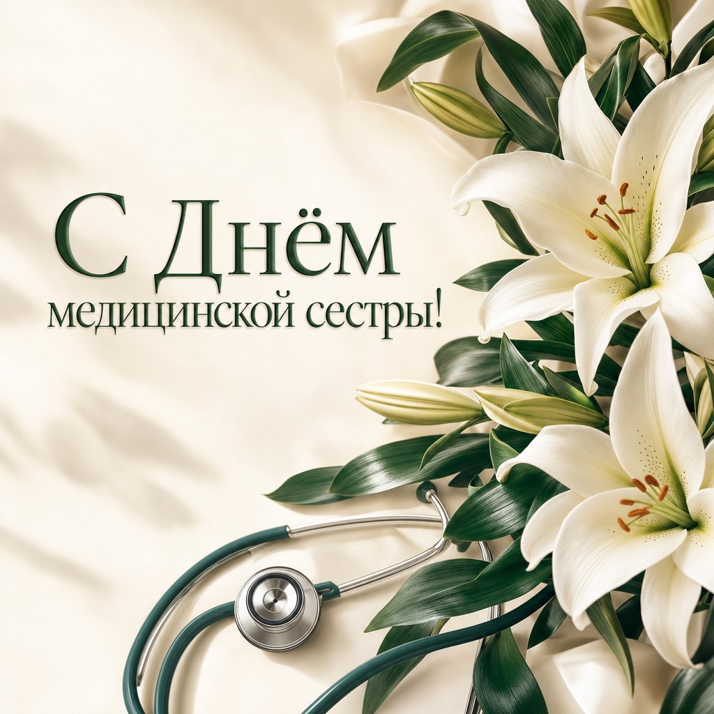 Элегантная открытка к Международному дню медицинской сестры с белыми лилиями и стетоскопом.