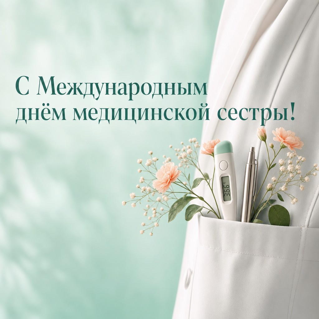 Пастельная открытка к Международному дню медицинской сестры с карманом халата, ручкой и термометром.